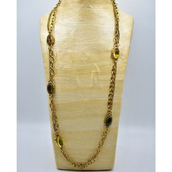 Sparkling Sage Cabochon Station Necklace Crystal Antiqued Gold Tone Chain BinA - Picture 2 of 12